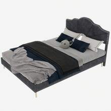 Modern minimalistisk och plyschsäng, bekväm och mjuk huvudgavel, 160*200 cm, grå, multifunktionella sovrumsmöbel, låg sängram utan gasfjäder, madrass ingår ej. - Grå + Tyg + Metall + Minnesskum - Visa 6