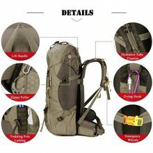 Mochila impermeable de 60L para senderismo y camping con cubierta de lluvia, mochila grande para deportes al aire libre, viajes y escalada - Verde grisáceo - Ver 3