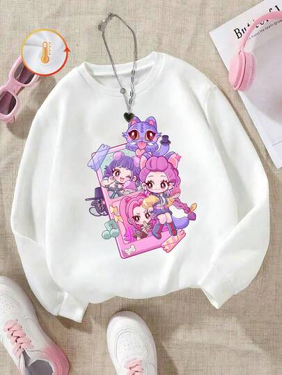 Filme de anime estrelado por três integrantes de um grupo feminino de K-pop e um mascote em estilo chibi. Moletom folgado e casual oversized para meninas, versátil para outono/inverno, tecido grosso, forro de lã quente, gola redonda, moletom folgado e casual, agasalho versátil, estilo urbano/preppy, mangas compridas, adequado para clima frio, mistura de algodão, forro de lã, confortável, mangas compridas, para crianças.