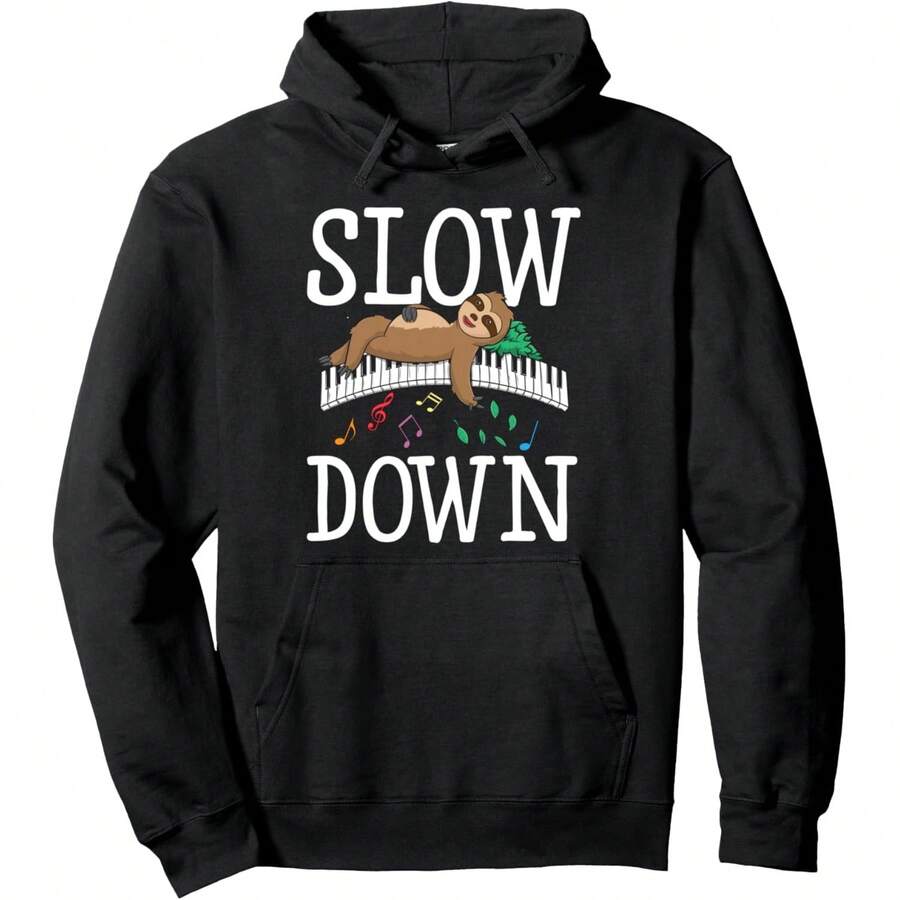 Slow Down Funny Women Lazy Sleepg Sloth Music Love Pullover Hoodie - Multicolor - View 1