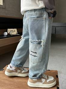 幼儿/小男孩宽松版型做旧口袋休闲时尚厚款牛仔裤，秋季款 - 淺藍色 - 查看 8