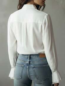 Blouse ample pour femmes de grande taille, élégante, de couleur unie, avec col à volants et manches évasées. Tenue décontractée pour le printemps et l'automne, couleur blanche - Blanc - Voir 2
