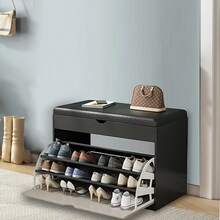 Shoe Cabinet, Shoe Rack Bench With Flip Drawers, Shoe Storage Organizer, 3-Tier Easy-To-Assemble Shoe Rack, Entryway-Specific Shoe Rack, Hidden Storage Rack, Shoe Storage Furniture With Stool, Suitable For Entryway, Cloakroom And Bedroom - 黑色 - 查看 7