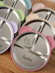 1 pieza Plato de acero inoxidable y silicona con base de succión personalizado con nombre y patrón para niños, plato de autoalimentación con impresión a pedido, artículo esencial para vajilla infantil - Multicolor - Ver 2