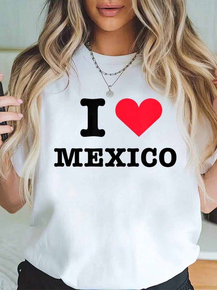 100% Algodón Camiseta Blanca I Heart Mexico - Camiseta Blanca I Love Mexico Impresa de Algodón para Verano, Top de Manga Corta Suave para Mujeres, Camiseta Estilosa y Cómoda para Mujeres Camisetas Gráficas - Blanco - Ver 1