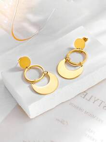 1 par de pendientes minimalistas de metal geométricos exagerados de círculo de acero inoxidable para mujer, adecuados para uso diario - Amarillo Oro - Ver 3