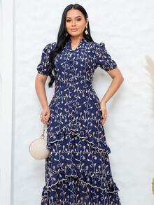 Women's Maxi Dress With Embroidered Appliqués, Puff Sleeves, Layered Skirt, V-Neck, Faux Buttons On The Bust, Elegant, Romantic And Perfect. - 藏蓝色 - 查看 3