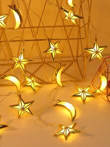 1串10颗LED灯珠，1.5米金色月亮星星LED灯串，节日活动派对装饰星光灯，电池供电室内房间装饰月亮星星灯，斋月装饰星光灯，卧室装饰月亮灯 - 五角星+月亮 - 查看 9