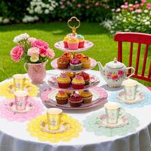 156pcs Floral Paper Tea Cups And Saucers 7 OZ Disposable Paper Tea Cups With Handle And Plates For Tea Party Decoration Birthday Bridal Wedding Mother's Day - Multicolor - View 5
