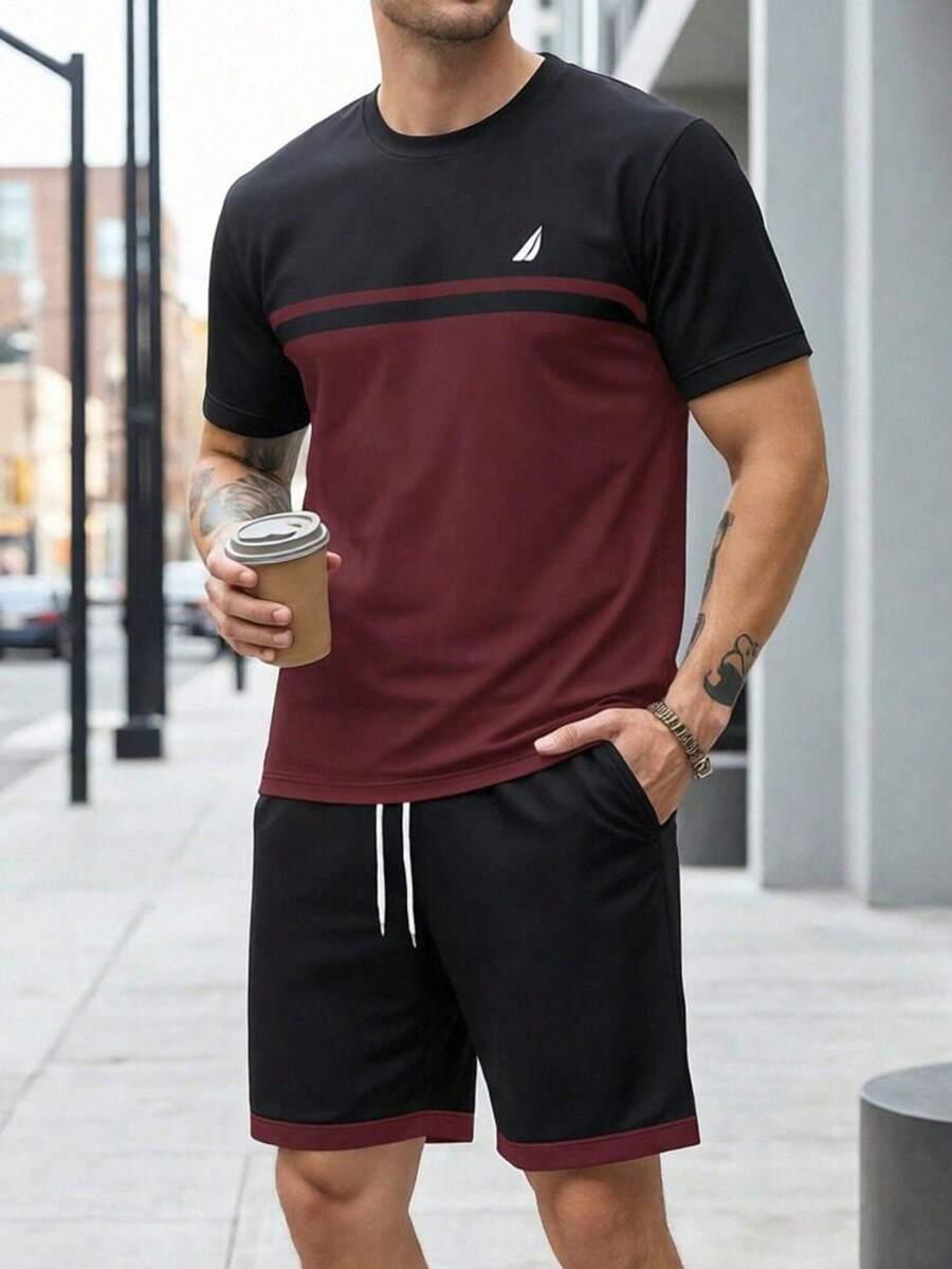 Men's Contrast Color Round Neck Casual Short Sleeve T-Shirt And Shorts Set - Merah - View 1