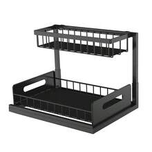 Wysuwany regał pod zlew, dwuwarstwowa przesuwna półka organizera, wielofunkcyjny regał do przechowywania w kuchni i łazience pod zlewem - Czarne - Zobacz 14