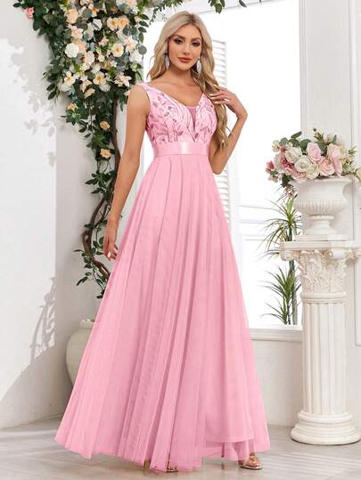 Spring/Summer V-Neck Sleeveless Embroidery&Mesh A-Line Pink Bridesmaid Dress, Elegant Party Dress, Formal Wedding Guest Dress, Graduation Ceremony Dress, Evening Dress