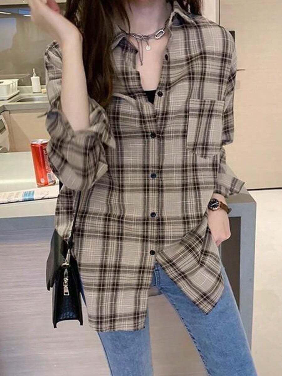 Camisa de mujer Camisa de cuadros de manga larga para mujer, nueva colección de verano y otoño, diseño suelto con bolsillos, blusa casual y chaqueta - Caqui - Ver 1