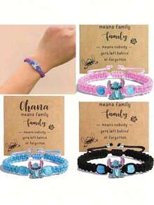 1件迪士尼史迪奇手工串珠手链 - 蓝/粉色合成宝石，麻绳设计，可爱卡通动物图案，适合15岁以上女孩 - 日常配饰，情人节礼物 - 创意可爱派对装饰，圣诞节、情人节、生日的理想之选（颜色随机发送） - 彩色 - 查看 1