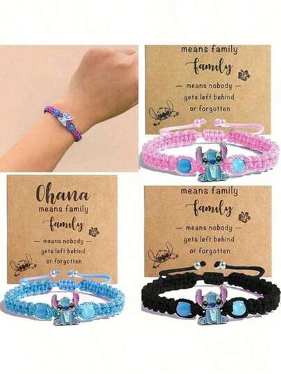 1 st Disney Stitch handgjort pärlarmband - Blå/rosa syntetisk ädelsten, hamparepdesign, sött tecknat djurmönster, lämplig för flickor 15+ - Vardagsaccessoar, Alla hjärtans dag-present - Kreativ söt festdekoration, perfekt för jul, Alla hjärtans dag, födelsedag (färg skickas slumpmässigt)