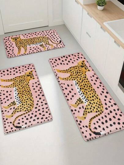 1pc Soft Area Rug Pink Background With Leopard Pattern Kithcen Rug - Ultra Soft, Comfortable For Bedroom, Living Room, Study, Office, Entryway, Room Decor As Floor Mat, Modern Polyester Non-Slip Absorbent Floor Mat, Machine Washable & Non-Slip, Rugs For Living Room - Indoor All-Season Home Decor, Bedroom Rug, Rugs For Bedroom