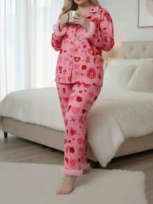 Women Pajama Set, Heart Print Long Sleeve Top With Pants Sleepwear Loungewear For Valentines Day - Pink - View 4