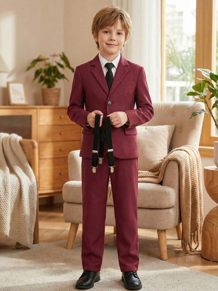 Conjunto de 4 piezas para niño, esmoquin para niño pequeño, atuendo formal, traje de pajecito, chaqueta, pantalones, corbata, traje formal, burdeos, talla 4-16 años - Burdeos - Ver 1