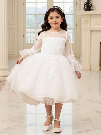 Vestido de niña de las flores con mangas largas, encaje y parches, vestido formal con cola para bodas, recitales de piano