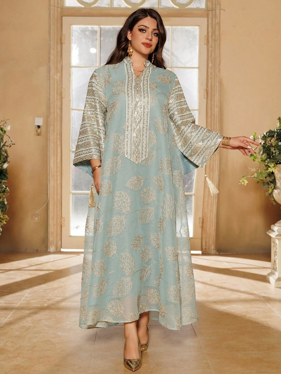 女士撞色亮片刺绣V领连衣裙，端庄时尚的长袖A字裙，适合派对、婚礼宾客等场合，四季皆宜，是度假和春季的理想伊斯兰服饰。