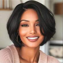 13x4 透明蕾丝前假发，巴西 Remy 真人发精灵短发假发，逼真发际线，柔顺短直发造型，适合日常佩戴、派对、音乐节和圣诞节 | 自然外观，百搭耐用 - Natural Black - 查看 10