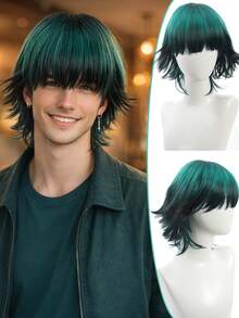 14-Inch Men's Wig, Gradient Dark Green Wolf Tail Short Hair, Full Head Wig, Male Cosplay, Stylish And Handsome, Top Dyed Mullet Head Realistic Wig. - Multicolor - View 12