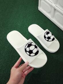 Women's New Football/Soccer Embroidered Fabric Slippers, Casual Indoor Home Suitable For Hardwood Floors, All Season Wear - White - View 7
