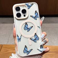 Funda Magnética para Teléfono Apple  Patrón de Mariposa Azul Transparente Antigolpes Funda Protectora de TPU Suave Compatible con iPhone 14 13 12 Series Resistente a los Arañazos Diseño de Moda Ligero Soporta Carga Inalámbrica 2BXS - Multicolor - Ver 5