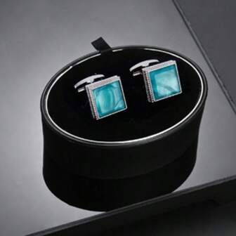 1 par moderiktiga manschettknappar i blått och fyrkantigt glas för män, presentask