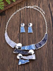 Bộ trang sức hình học màu xanh dương tráng men phong cách Bohemian thời trang gồm 2 món, dây chuyền và bông tai, thích hợp cho nữ giới đeo hàng ngày, dự tiệc, ngày Valentine, lễ hội, quà tặng trang sức sinh nhật. - hình học - Xem 1