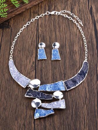 2 Stück/Set modischer bohemischer Emaille-Blau Geometrie Schmuckset, Halskette und Ohrringe, geeignet für Damen Alltag, Party, Valentinstag, Karneval, Geburtstag Schmuckzubehör Geschenk