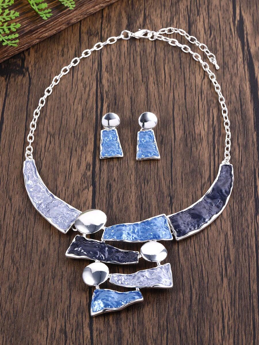 Bộ trang sức hình học màu xanh dương tráng men phong cách Bohemian thời trang gồm 2 món, dây chuyền và bông tai, thích hợp cho nữ giới đeo hàng ngày, dự tiệc, ngày Valentine, lễ hội, quà tặng trang sức sinh nhật. - hình học - Xem 1