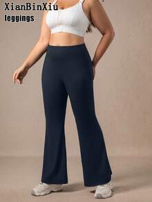XianBinXiu 1pc Plus Size Navy Blue High Waist Flare Leg Yoga Pants, Autumn/Winter, Butt Lifting Design, Stretchy & Comfortable, Suitable For Daily Wear And Workout, Great Gift For Women - Navy Blue - View 4