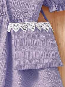 Young Girl' Fashion Casual Ruffle Collar Puff Sleeve Dress + Matching Simple Versatile Bag Set - Mauve Purple - View 5