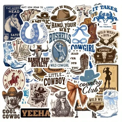 50 Peças Adesivos de Cowboy Ocidental Azul, Decoração Ocidental, Presentes Ocidentais, Decalques de Cowboy, Adesivos de Rodeio de Cowboy, Adesivos com Tema Ocidental, Adesivos Estéticos, Material Vinil, À Prova d'Água, Adequado para Laptop, Telefone, Carro, Skate, Garrafa de Água, Scrapbook, Computador, Caderno, Etc.