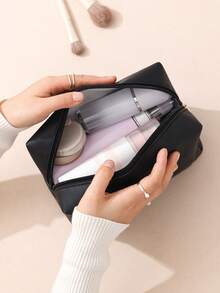 1pc Women's Octagonal Makeup Bag, Travel Organizer Bag, Bridal Makeup Bag, PU Letter Makeup Bag, Portable Chenille Letter Zipper Makeup Bag, Letter Patch PU Leather Waterproof Travel Toiletry Bag, Letter Combination Cosmetic Bag (Letter A~Z), Suitable For Autumn Home Decor - Black and White Lettering - View 8