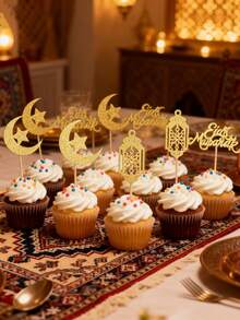 24个/2026个闪亮月亮和星星开斋节快乐纸杯蛋糕装饰，非常适合伊斯兰穆斯林主题派对蛋糕装饰，金色版 - 風格1 - 查看 8