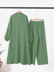Women's Elegant Casual Solid Color Button Design Long Jacket With Lantern Sleeves And Wide Leg Pants Set, Fashionable Casual Cute Style Dress, Suitable For Spring, Summer, Autumn And Winter - Green - View 7