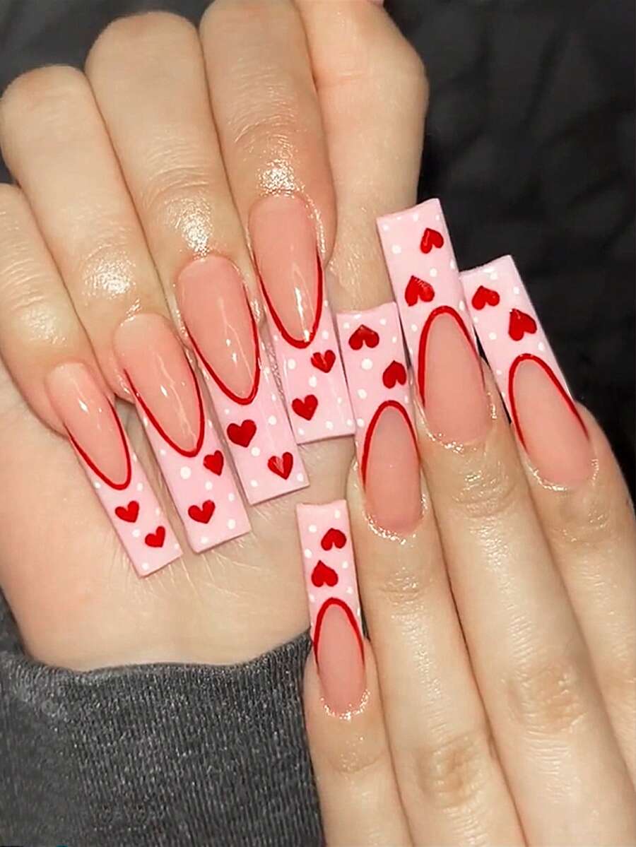 情人节心形亚克力美甲 24片装 法式长方形按压式美甲片，DIY艺术粉色假指甲套装，适用于美甲沙龙、女孩和女士美甲用品，适合日常佩戴、节日派对和送礼 - 彩色 - 查看 1