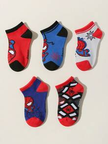 Marvel 1/5 双漫威男童/儿童春夏短袜，酷炫蜘蛛侠/蜘蛛网图案装饰，休闲透气防臭吸湿运动袜，可爱时尚柔软舒适，适合校园穿着，是生日礼物、户外运动、旅行和校园活动的理想选择。 - 彩色 - 查看 3