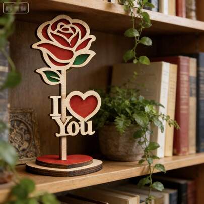 2D木质玫瑰花情人节礼物，玫瑰心形设计，“LOVE”字样立牌装饰，送给爱人、周年纪念日、母亲节的理想礼物，浪漫家居装饰，适用于客厅、卧室、书桌