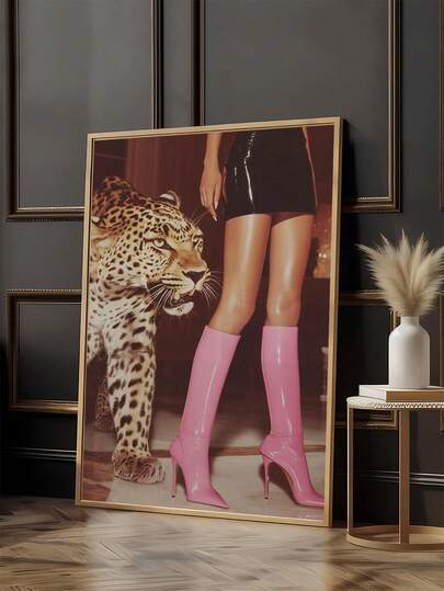 1pc Red Boots Print, High Fashion Poster, Retro Leopard Poster, Luxurious Wall Art, Cool Girl Photo, Chic Designer Poster, Vintage Pink Leopard & Boots Art Print, Retro Fashion Glam Posters, Bedroom Decor, Living Room Decor, Office Decor, Bathroom Decor,Ideal Gift For Friends, Wall Arts, Wall Decor, Home Decor, Room Decor, Canvas Wall Art, Posters, Wall Art With Frame, Optional Frame