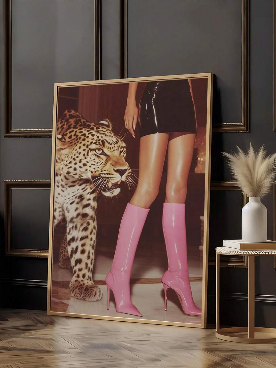 1pc Retro Leopard Poster, Luxury Art, Vintage Pink Leopard & Boots Print, Festival Gift,Suitable For Bedroom,Living Room,Kitchen,Apartment,Wall Arts,Wall Decor,Home Decor,Room Decor, Canvas Wall Art, Posters, Wall Art With Frame, Optional Frame ﻿ ﻿ - Multicolor - View 1