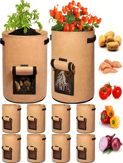 5thick Non-Woven Fabric Planting Bags Of 3/7/10 Gallons Each, Suitable For Tomatoes, Potatoes, Carrots, Onions, Taros, Peanuts, Etc., Indoor/Outdoor Strawberry/Plant Containers, Planting Bags, Planting Bags, Garden Potted Plants, Farms, Strawberry Potted Plants, Planting Bags, Plant POTS, Elevated Garden Beds