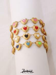 1pc Fashion Stainless Steel Colorful Oil Dripping Heart Chain Bracelet For Women Heart Love Pendant Bracelet Jewelry Gifts - Bracelet - View 3