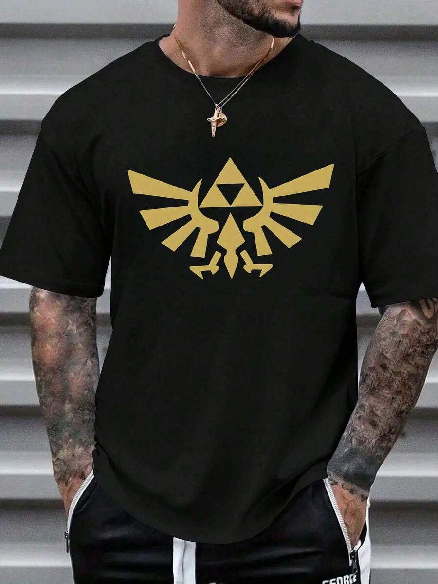 Camiseta para hombre, Trifuerza dorada, diseño de videojuego legendario, estampa gamer premium, estilo geek chic, para fans de Zelda coleccionistas, moda gamer trendy, outfit casual diario, look nerd cool, videojuegos clásicos, fan,ropa de hombre,parejas,envio nacional,regalo para hombre,oversize hombre. - Negro - Ver 1