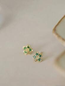 1 对 S925 纯银绿色锆石小花精致耳钉，温柔，送给她的礼物，周年纪念/节日 - 金色 - 查看 3