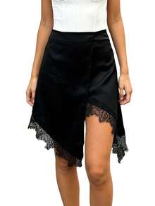 Women Lace Trim Satin Skirt Mid Rise Knee Length Split Asymmetrical Skirts For Daily Office Party - Black - View 6