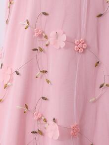 Vestito in rete con fiocco decorativo floreale, dolce e carino, adatto per primavera/estate per ragazze - Rosa - Visualizzare 7