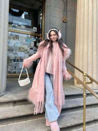 1 szt. Jednokolorowy, ciepły szalik z wzorem makaroników, damski, dzianinowy, gruby szal z frędzlami, odpowiedni do podróży i aktywności na świeżym powietrzu, codzienny zimowy ocieplacz na szyję, można dopasować do sukienek